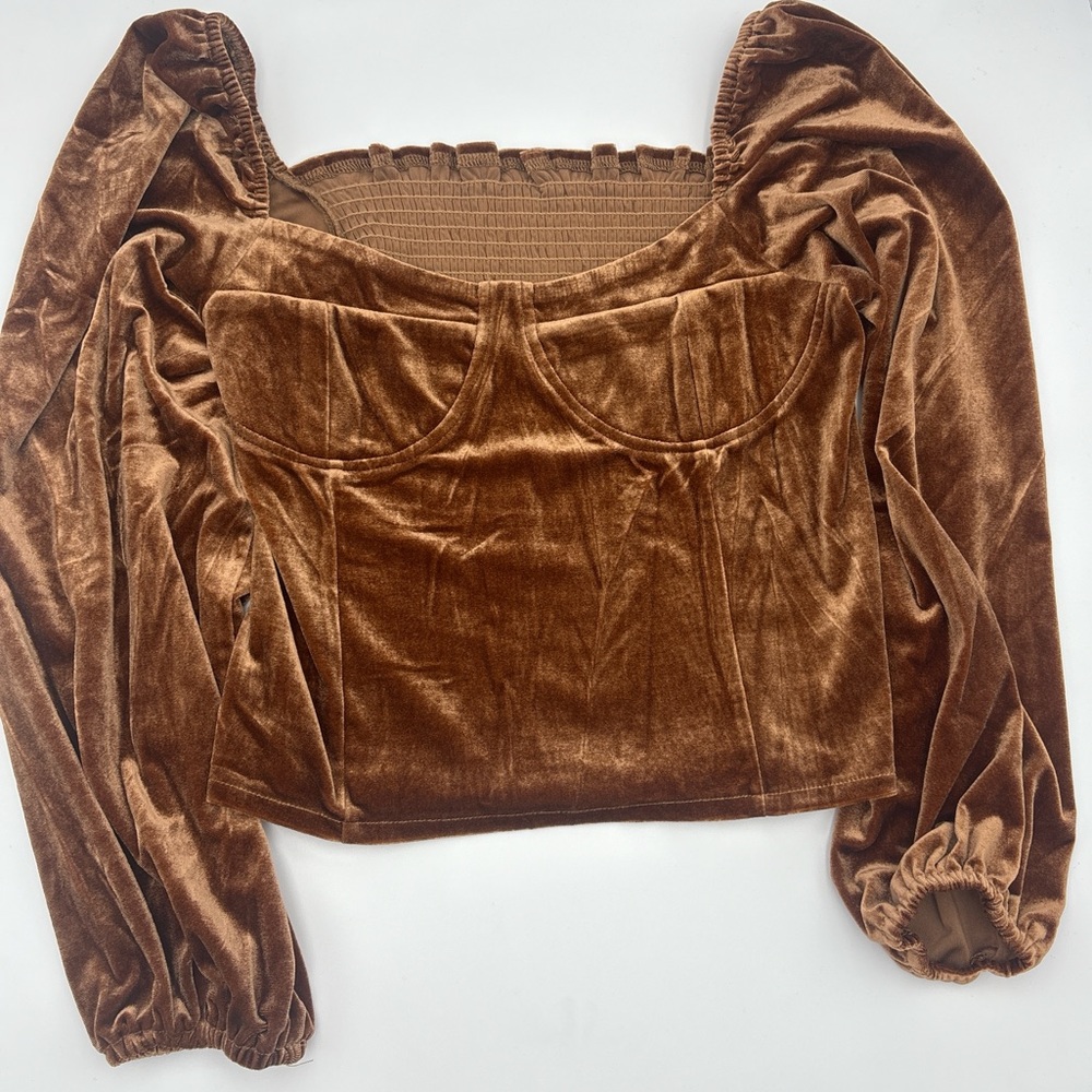 Elegant Velvet Puff Sleeve Corset Blouse in Rich Brown